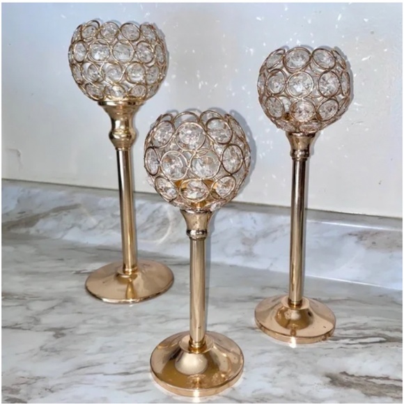 🪞 NEW set- sparkling votive decorative set of 3 in rose gold tone with crystals - Picture 1 of 4